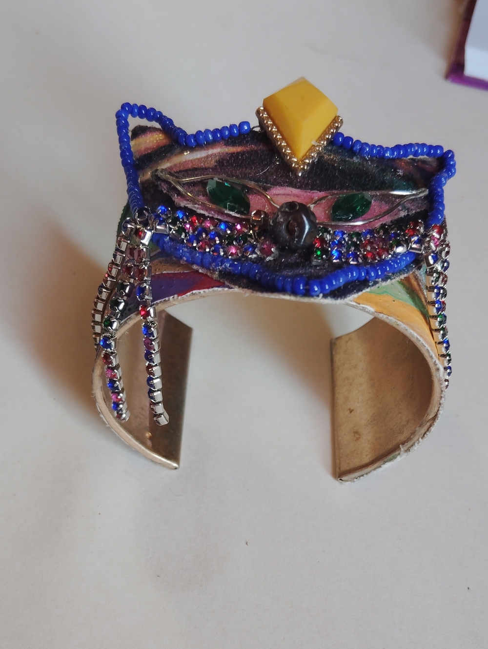 Handmade Mardi Gras Cat Face Mask Statement Bracelet Wrist Cuff Colorful - Picture 3 of 8